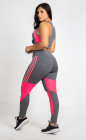 Conjunto Fitness Top Nadador e Calça Legging Cinza e Rosa Dry Fit