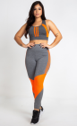 Conjunto Fitness Top Nadador e Calça Legging Cinza e Laranja Dry Fit