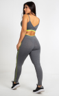 Conjunto Fitness Top Transpasse Costas e Calça Legging Cinza e Rosa Neon