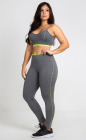 Conjunto Fitness Top Transpasse Costas e Calça Legging Cinza e Rosa Neon