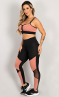 Conjunto Fitness Top Alcinha Dupla e Calça Cós Alto Recortes Tule Preto e Rosa Claro Move