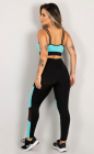 Conjunto Fitness Top Alcinha Dupla e Calça Cós Alto Recortes Tule Preto e Azul Claro Move