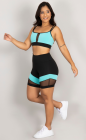 Conjunto Fitness Top Alcinha Dupla e Calça Cós Alto Recortes Tule Preto e Azul Claro Move