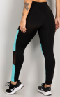 Calça Legging Cós Alto Recortes Tule Preto e Azul Claro Move