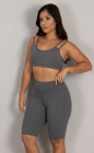 Conjunto Fitness Top Alça Dupla e Bermuda Cós Alto Cinza