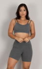 Conjunto Fitness Top Alça Dupla e Short Meia Coxa Cós Alto Cinza