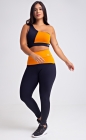 Conjunto Fitness Top Ombro Só e Legging Cós Alto Preto Duo Colors