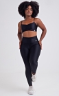 Conjunto Fitness Top Busto Drapeado e Calça Legging Cós Alto Preto Acetinado