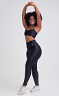 Conjunto Fitness Top Busto Drapeado e Calça Legging Cós Alto Preto Acetinado