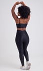 Conjunto Fitness Top Busto Drapeado e Calça Legging Cós Alto Preto Acetinado