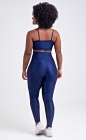 Conjunto Fitness Top Busto Drapeado e Calça Legging Cós Alto Azul Marinho Acetinado