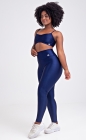 Conjunto Fitness Top Busto Drapeado e Calça Legging Cós Alto Azul Marinho Acetinado