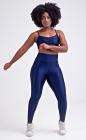 Conjunto Fitness Top Busto Drapeado e Calça Legging Cós Alto Azul Marinho Acetinado