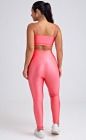 Conjunto Fitness Top Busto Drapeado e Calça Legging Cós Alto Rosa Claro Acetinado