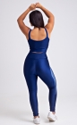 Conjunto Fitness Top Alça Média e Calça Legging Detalhe Lateral Azul Marinho Acetinado