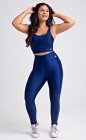 Conjunto Fitness Top Alça Média e Calça Legging Detalhe Lateral Azul Marinho Acetinado