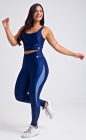 Conjunto Fitness Top Alça Média e Calça Legging Detalhe Lateral Azul Marinho Acetinado